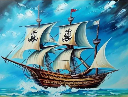 Prompt: Change this painting to a pirate sailing ship. Keep same style as the painting. Remove unclear parts. 