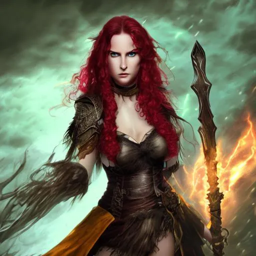 Prompt: A battlescene with a female mage wearing a mage robe and with wavy red hair and green eyes, has photorealistic face, holds a staff, is high quality, fantasy, has a background with a storm and lighting, is full body