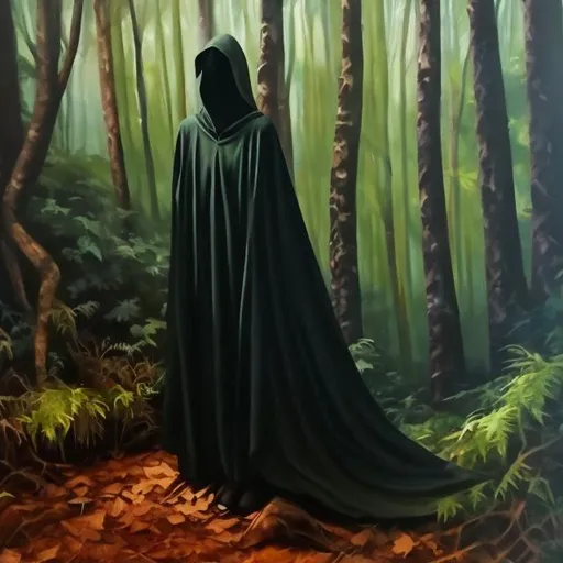 Prompt: shadow cloak figure in forest backdrop oil painting