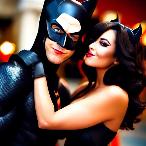 Prompt: Cat woman kissing bat man