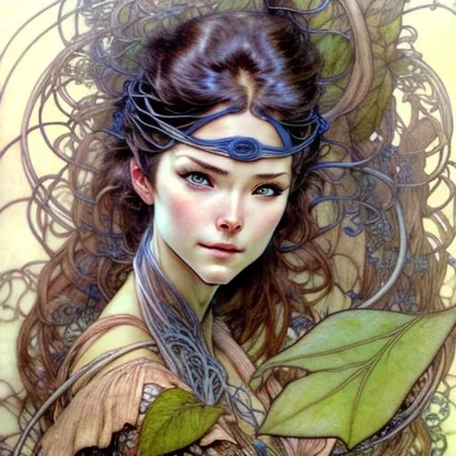 Prompt: realistic detailed portrait of a very beautiful ninja girl by arthur rackham, milo manara, alphonse mucha, flowing wires with leaves, artgerm