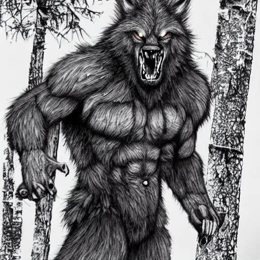 Prompt: Hyper realistic Bipedal Wolfman, or Werewolf, in forest, full moon, horror, terror, bodybuilding upper body Muscles , brown fur, with red eyes! Claws. 7 feet tall, and sinister, and battling Sasquatch! Vicious 