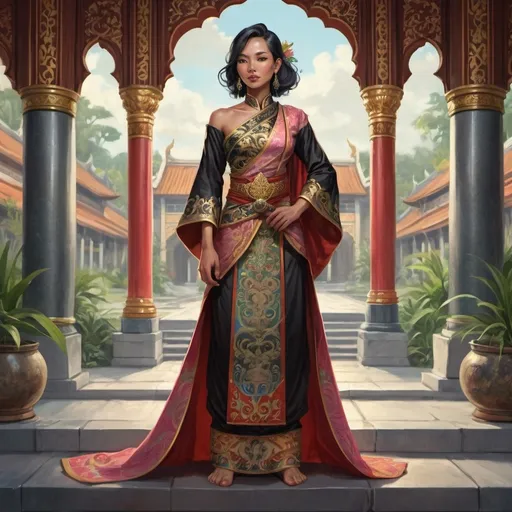 Prompt: Full body, Fantasy illustration of a female malayan noble man, 28 years old, proud expression, rich and colorfull traditional garment, fancy beart, black hair, high quality, rpg-fantasy, detailed, malayan palace background