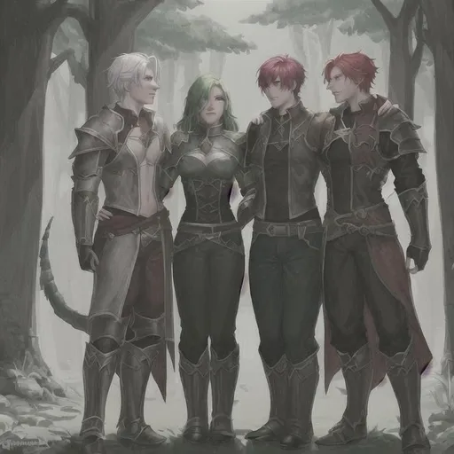 Prompt: an adventuring squad totalling 4 adult members, members: 1 human who is a huntsman and 3 dragon borns consisting of 1 white dragonborn fighter mage, 1 red dragonborn necromancer and 1 green Dragonborn pyromancer 