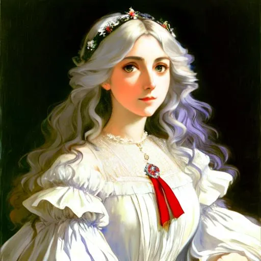 Prompt: Portrait of old elizabeth bowes lyon painted by Caravaggio, john singer sargent, juan luna, claude monet volumetric lighting, flowing cloth, 16k, hyperrealism, Very detailed, zoomed-out view, full body of character in view, standing, female with long white hair with red ombre, white dress, blue eyes that look like crystal, castle in the background 