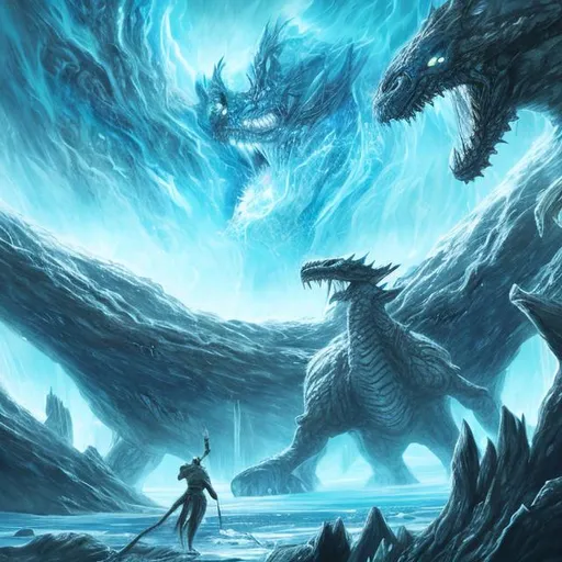 Prompt: Art painting of a icy place with one dragon fighting and breathing fire at a human