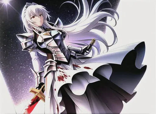 Prompt: Diamon white armored Knight with white hair, victoriuos, holding a bloody sword, 8k, hyperdetailed, best quality, Arena