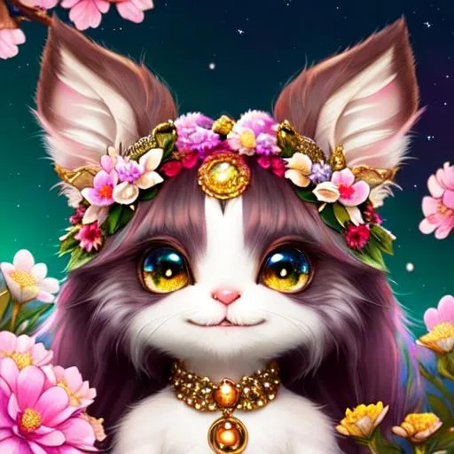 Prompt: Glittering close up cute and adorable colorful satyr gremlin widely smiling creature on a tree, filigree, long striped tail, reflective eyes, flowers, rim lighting, lights, extremely fluffy, detailed eyes. magic, surreal, fantasy, digital art, Alice in Wondeland style, wlop, artgerm and james jean, extremely detailed teeth, cute teeth, , kids story book style, muted colors, watercolor style