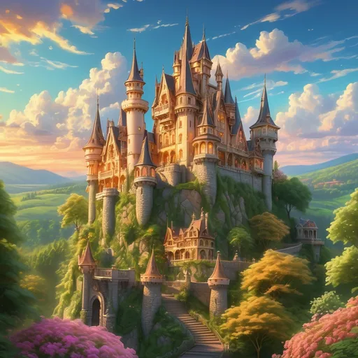 Prompt: Majestic fairytale castle on a hill, nestled amidst lush green trees, soft clouds drifting, vibrant sunset bathing the scene in warm golden hues, enchanting ambiance, whimsy and magic, flowers blooming at the base of the hill, intricate architectural details, beautifully designed towers and turrets, ultra-detailed, capturing a storybook charm with a serene atmosphere.