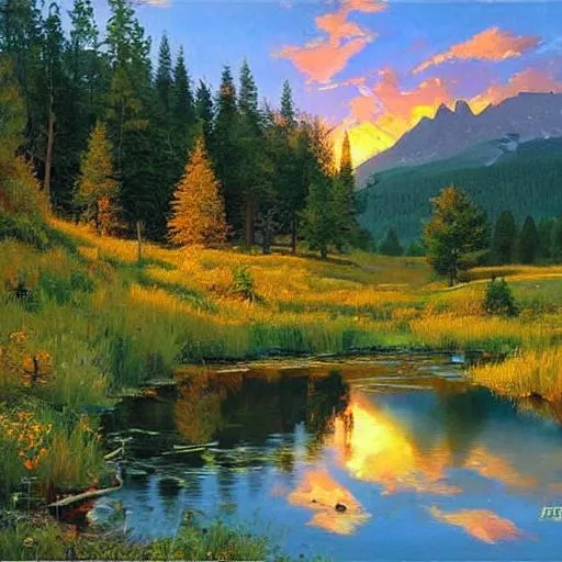 Prompt:  Rocky mountain national Park, pond, sunset, landscape,  artwork by Peder Mork Monsted