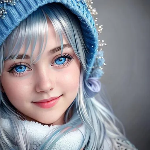 Prompt: young girl, covered in frost, bashful hypnotic sapphire blue eyes, calm bashful smile, gorgeous silver, blue  hair