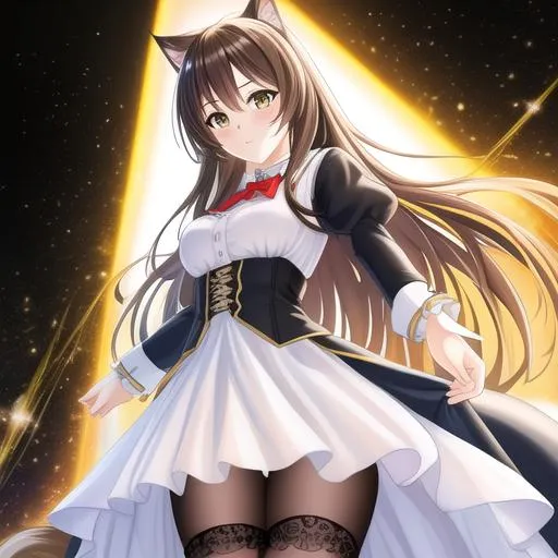 Prompt: oil painting, UHD, hd , 8k,  anime, hyper realism, Very detailed, zoomed out view, clear visible face, full character in view, clear visible face, standing posing, cat girl 
character with long brown hair, has freckles on face, wears a white dress and black jacket, she wears thigh high socks,