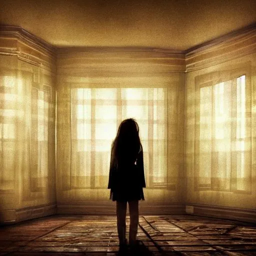 Prompt: Mysterious, lost, lonely girl in a bright room