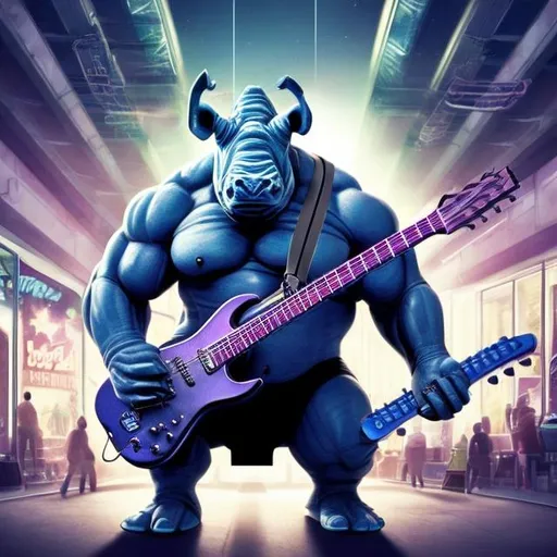 Prompt: Bodybuilding Rhino playing guitar for tips in a busy alien mall, widescreen, infinity vanishing point, galaxy background