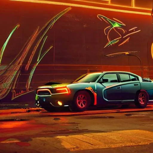 Prompt: Dodge Charger Buddhist cyberpunk neon lights monk graffiti House Atreides japan