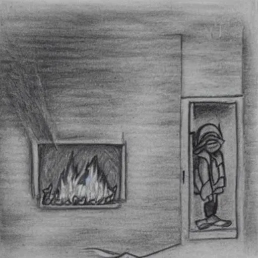 Prompt: Pencil drawing of a kid burning down a house 