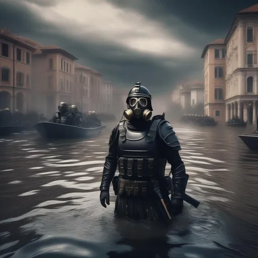 Prompt: Several modern roman military male in black military roman armor, and gas mask, by boat in a flooded city region, Hyperrealistic, sharp focus, Professional, UHD, HDR, 8K, Render, electronic, dramatic, vivid, pressure, stress, traumatic, dark.