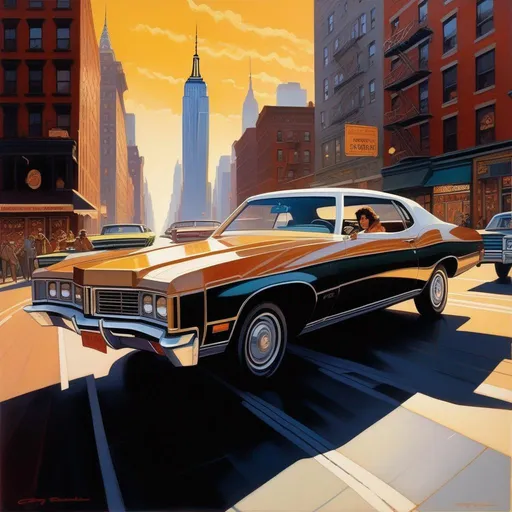 Prompt: 1970s, New York City, car chase, sunny weather, warm atmosphere, cartoony style, extremely detailed painting by Greg Rutkowski and by Henry Justice Ford and by Steve Henderson