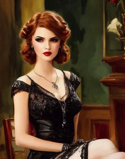 Prompt: Beautiful female toreador from vampire the masquerade, Haddon Hubbard Sundblom, post-impressionist style oil painting, 1930's clothing, 1930's hairstyle, very detailed, photorealistic, UHD