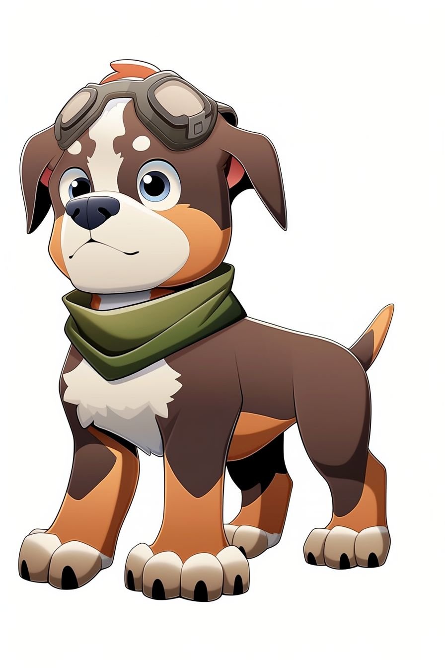 Prompt: a pitbull puppy in the style of of Paw Patrol, with a forest ranger hat and vest and a park ranger jeep behind him, with \'Forest Ranger\' written on the side of the truck, with more variations in the style and details