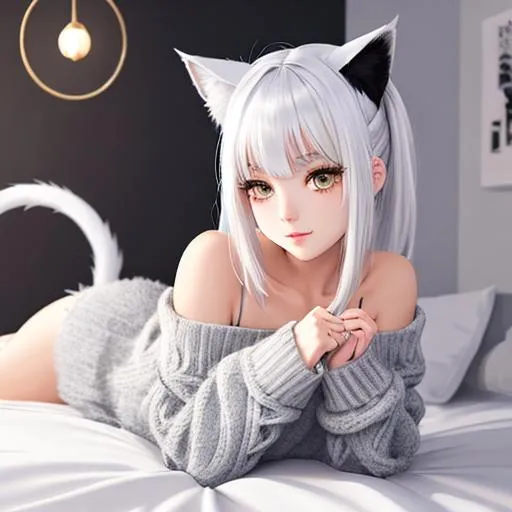 Prompt: full body, anime girl, 19 years old, medium white hair with black highlight , cat ears, heterochromia, cute face, cat tail, grey pullover backless sweater, bare shoulder,  ethereal, highly detailed, highly and detailed background, room background, on bed, heavenly beauty, 8k, 50mm, f/1. 4, high detail, sharp focus, cowboy shot, perfect anatomy, arms behind back, sunshine on her face, sunset, window side, Carne Griffiths, Conrad Roset, highly detailed, detailed and high quality background, oil painting, digital painting, Trending on artstation , UHD, 128K, quality, Big Eyes, artgerm, highest quality stylized character concept masterpiece, award winning digital 3d, hyper-realistic, intricate, 128K, UHD, HDR, image of a gorgeous, beautiful, dirty, highly detailed face, hyper-realistic facial features, cinematic 3D volumetric, illustration by Marc Simonetti, Carne Griffiths, Conrad Roset, 3D anime girl, Full HD render + immense detail + dramatic lighting + well lit + fine | ultra - detailed realism, full body art, lighting, high - quality, engraved | highly detailed |digital painting, artstation, concept art, smooth, sharp focus, Nostalgic, concept art,