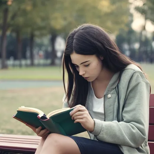 Prompt: young woman sitting alone on a park bench faking that she is reading the book but actually lingering the intimacy of human touch