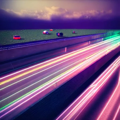 Prompt: long shot, fast car on a highway, night time, ethereal atmosphere, highly detailed, neon lighting, 3d blender render, dangerous, 4k