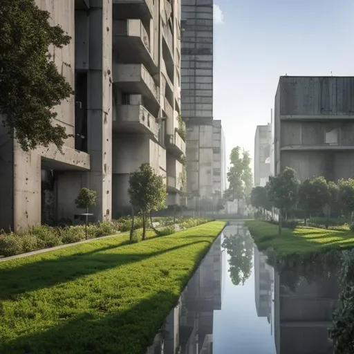 Prompt:  a shallow bleak biophilic city featuring large gigantic concrete  buildings drown in trees and plants such as oak trees and roses with large windows, early morning with green lights 