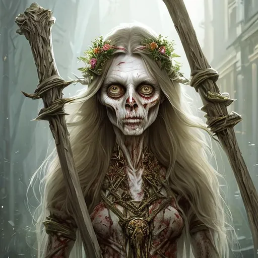 Prompt: Full body splash art of a sweet, youthful, female undead zombie sorceress, mummified face, blue eyes, very long dark blonde hair with thin curtain bangs, skinny, wearing long pastel colored dress, carrying a wooden staff, D&D, dnd, fantasy, highly detailed, sharp focus, digital painting, artstation, 4k, 8k