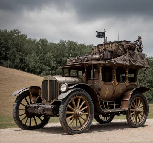 Prompt: A steampunk war carriage on the battlefields of ww1