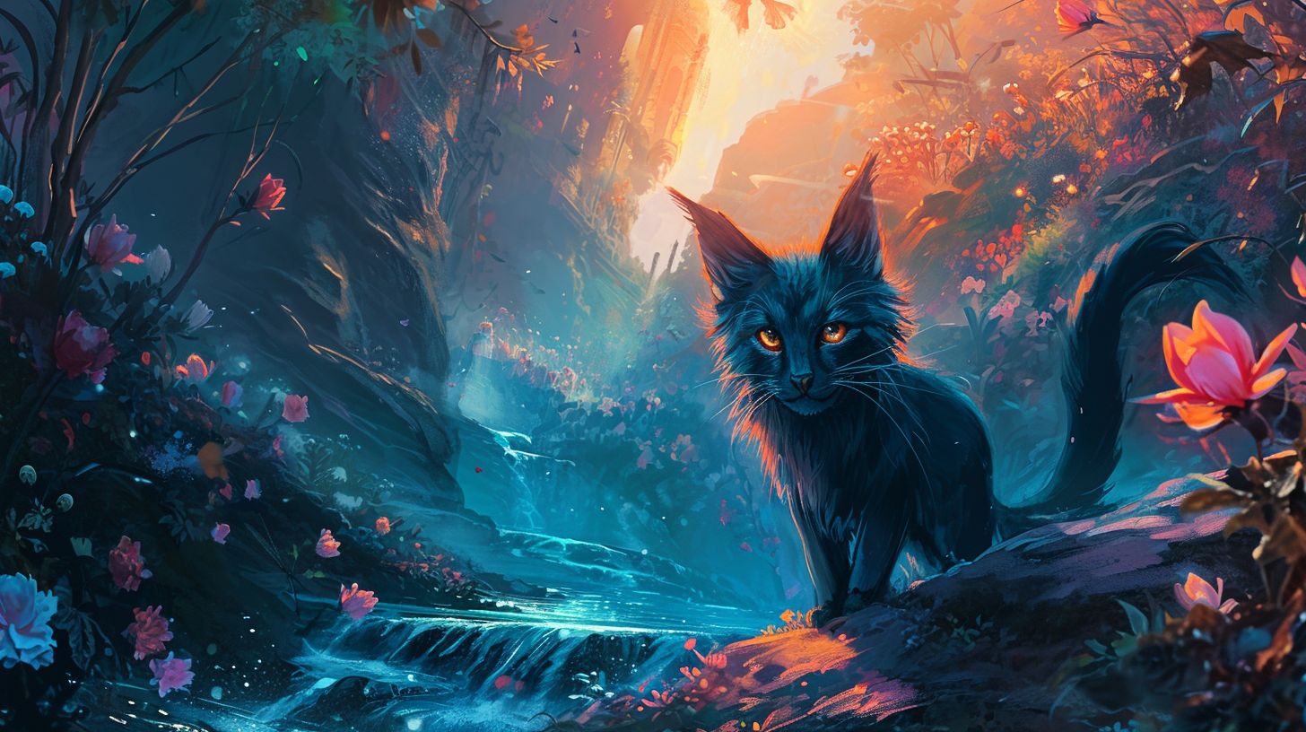 Prompt: The image presents a mystical blue-furred feline with luminous amber eyes, standing in a fantastical environment filled with vibrant flora, glistening streams, and silhouettes of distant spires beneath a radiant sunset. The atmosphere exudes enchantment with glowing flowers and serene cascades.