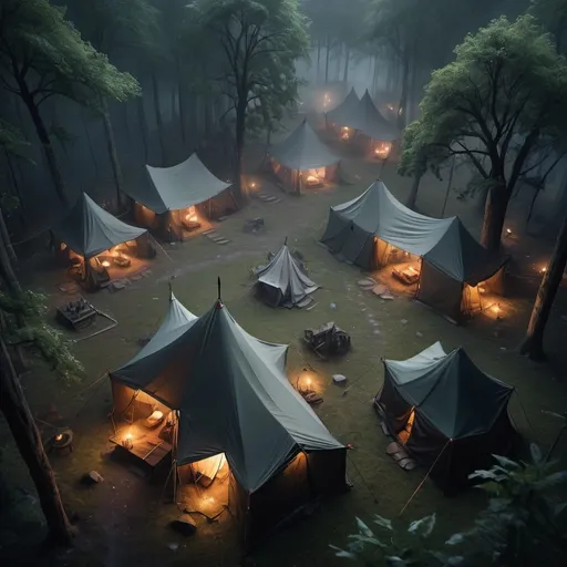 Prompt: Top-down view of a dark fantasy camp in the woods, detailed tents and eerie lighting, mystical fog surrounding the area, ancient ruins peeking through the trees, high quality, dark fantasy, top-down angle, mystical fog, detailed tents, eerie lighting, atmospheric, professional, detailed environment