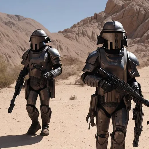Prompt: scifi squad of soldiers patrolling a mountainous desert, black armor, uruk hai helmet, uruk hai helmet, uruk hai helmet,