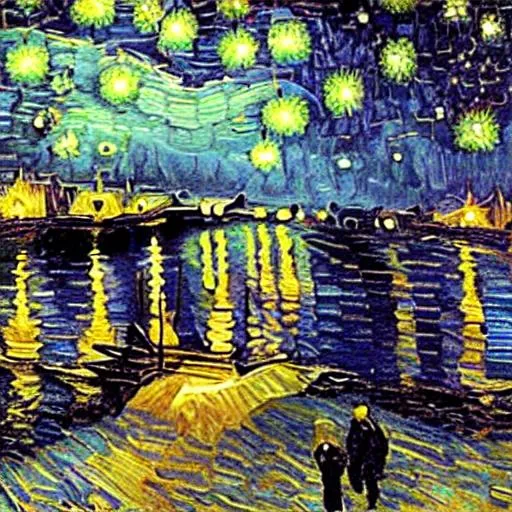 Prompt: The starry night by van gogh in the style of modern art presented inside of an art gallary