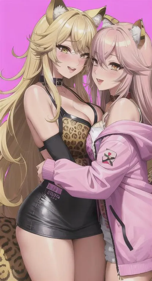 Prompt: gyaru girl with a leopard print jacket and heavy makeup and freckles and nail polish and no cat ears and long blonde hair and tan skin and lesbian girlfriend with light pink hair and cat ears and collar bell and pastel kissing facing each other