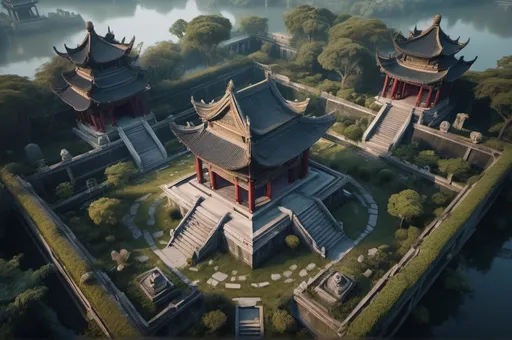 Prompt: abandoned chinese temple surrounded by huge cemetary, graveyard with tombstones and spooky garden, birdview, entire structure, immersive world-building, uncanny atmosphere, high quality, detailed, epic scale, fantasy, nightfall