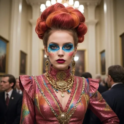 Prompt: The people of the Capitol are as extravagant as their surroundings, dressed in outlandish fashions that push the boundaries of what is possible or practical. Hair is styled in impossible shapes, dyed in vivid colors, often adorned with glitter or metallic elements. Makeup is heavy and theatrical, with bold patterns painted onto faces, and lips and eyes decorated with shimmering hues. Clothing is made of luxurious materials, often with high-tech elements, such as fabric that changes color or lights up. The citizens exude an air of carefree indulgence, seemingly oblivious to the struggles of those outside their city.