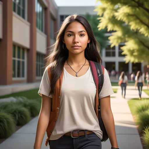 Prompt: High res photo of (cute, beautiful, slim, young modern Native American woman), dressed in modern comfortable clothes, walking through a college campusprofessional, high-quality details