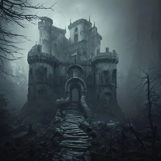Prompt: 8k resolution concept art digital art hyperdetailed ominous mysterious sinister polished complex black metal album cover ruined castle in the middle of the forest cover in fog