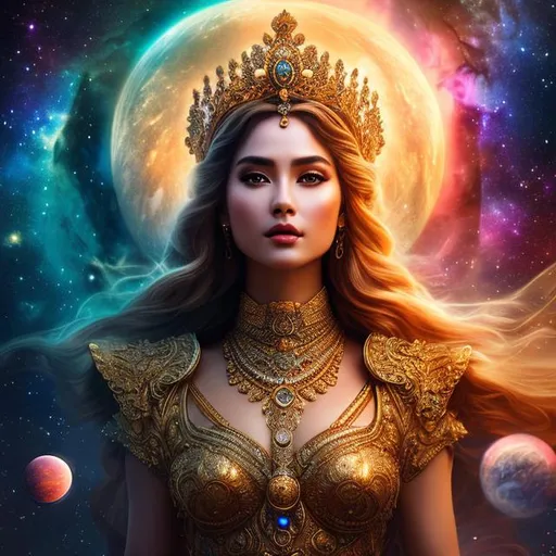 Prompt: create a photograph of beautiful fictional female goddess with crown, extremely, detailed environment, detailed background, planets an nebulae in sky highly detailed, intricate, detailed skin, natural colors , professionally color graded, photorealism, 8k, moody lighting


