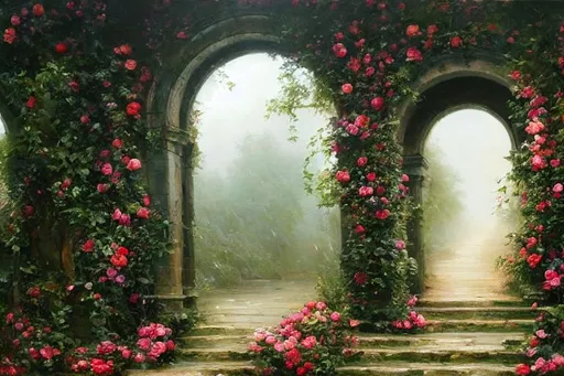 Prompt: "Old arched door covered in roses and vines, beautiful, mist and rain, very intricate and hyper-detailed oil painting by Daniel F Gerhartz, Clint Cearley, Eve Ventrue, gorgeous, swirling ornamentals, fluid acrylic, elegant gradients, photorealistic, masterpiece, inviting, trending on Artstation, rich colors, sunset, digital painting"