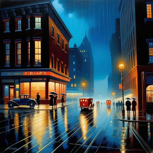 Prompt: 1930s, Downtown Manhattan at night, creepy, rain, fog, cold blue atmosphere, cartoony style, extremely detailed painting by Greg Rutkowski and by Henry Justice Ford and by Steve Henderson 

