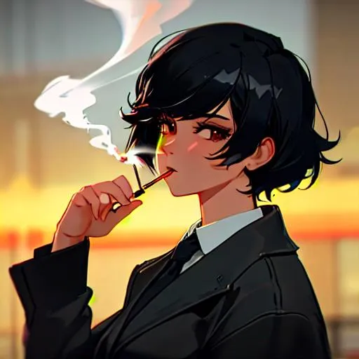 Prompt:  (female, short black hair) Smoking, thug, 8k, UHD, Highly detailed, detective