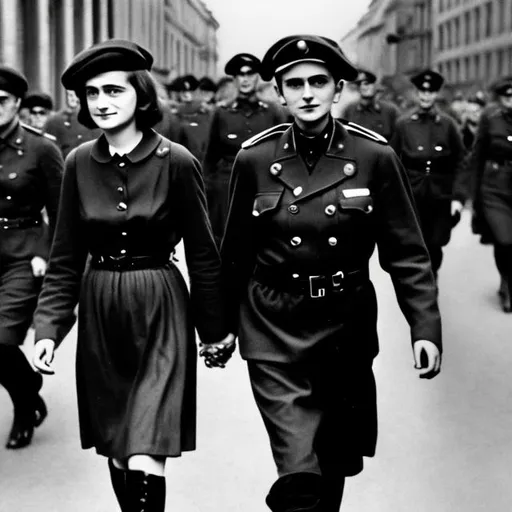 Prompt: anne frank wearing a black leather german gestapo parade uniform