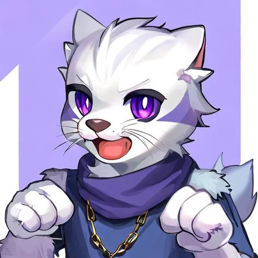 Prompt: otter boy furry with white fur on his face and purple eyes with paws on the hands and has no thumbs wears a stone blue necklace 