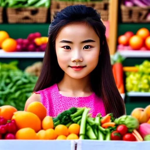 Prompt: Portrait of Chinese girl with symmetrical face, with backdrop of fruit and vegetable stall