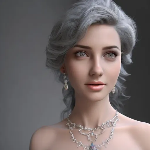 Prompt: HD 4k 3D professional modeling photo hyper realistic beautiful enchanting dainty french woman grey hair fair skin brown eyes gorgeous face sparkling dress and necklace luxurious interior new york mansion landscape hd background ethereal mystical mysterious beauty full body