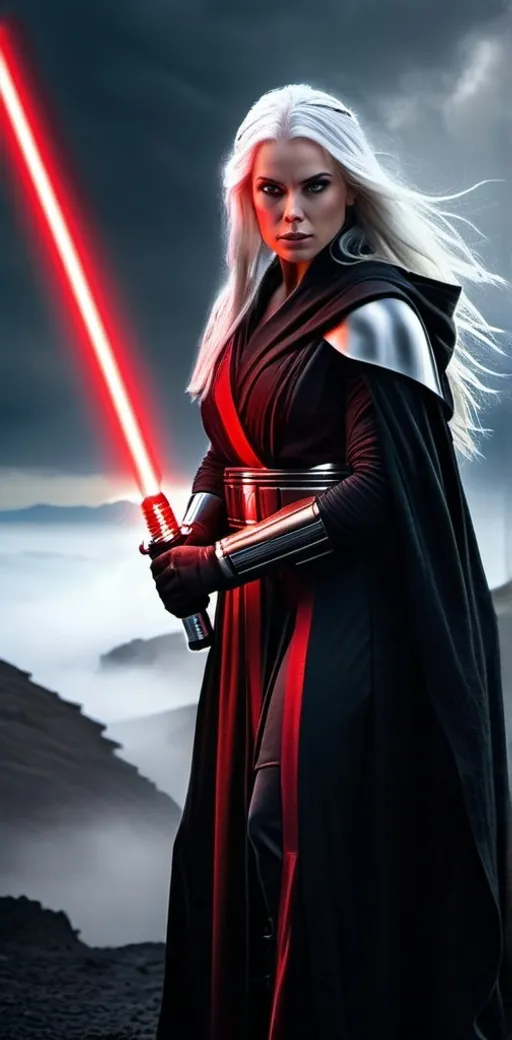 Prompt: Female dark Jedi Knight (age 35) with long flowing white hair, red eyes, intricately beautiful face, dressed in black robes and slacks, black boots, and a utility belt with metallic tools, holding a glowing red lightsaber, standing in an athletic posture, ready for battle, misty alien landscape with faded sunlight, high quality, detailed, fantasy, dark tones, misty atmosphere, dramatic lighting, high-res, realistic, natural appearance, 8k digital photo, cinematic