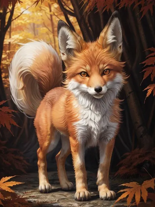 Prompt: (3D, masterpiece, detailed oil painting, UHD character, UHD background) Adolescent runt fox, 2-foot (quadrupedal canine), dreamy amber eyes, 8k eyes, fuzzy golden pelt, copper bracelet with gold etchings, pointy brown ears, vivid red sugar maples, timid, curious, scrawny, billowing gold-white mane, blue frosty fur highlights, warm orange fur highlights, frost on face, dreamy, melodic, beautifully detailed fur, beautifully detailed eyes, beautifully detailed defined face, beautifully detailed background, full body focus, 8k, 16k, intricate detail, highly detailed fur, glistening golden fur, fur sparkling in sun, highly detailed mouth