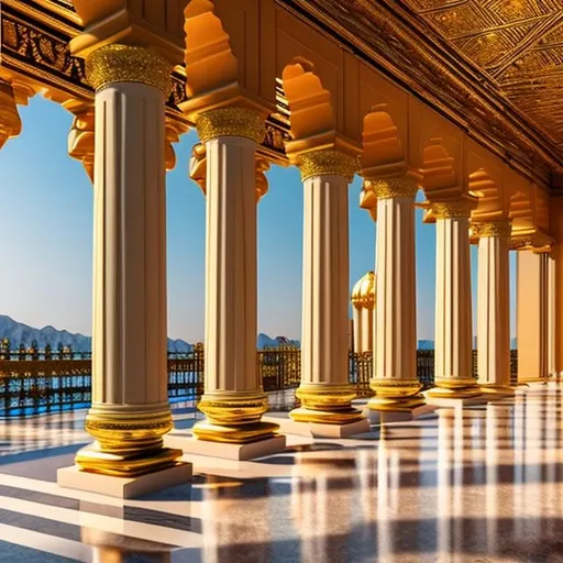 Prompt: Create some straight pillars with golden details, external view, in a front view horizontally, cinematic light, front angle view, UHD, HDR, 8K, ((Masterpiece))